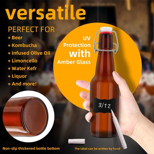 eispap Amber Beer Bottles with Flip Caps, 12oz Glass Bottle with Swinging Top for Airtight Lids, Home Brewing and Fermentation Kombucha, Vanilla Extract, Beverage, Water, Kefir (6)