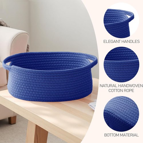 JMvicyroam Woven Storage Baskets - Small Rope Bins with Handles for Organizing | Navy Blue, 2-Pack