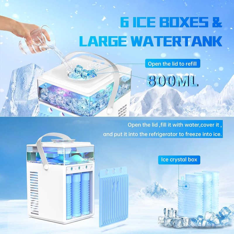 Portable Air Conditioners, 4-IN-1 Evaporative Air Cooler with App Control, 800ml Water Tank, Rechargeable Mini Air Conditioner, 3 Speeds & 3 Mist, Colorful Night Light Cooling Fan