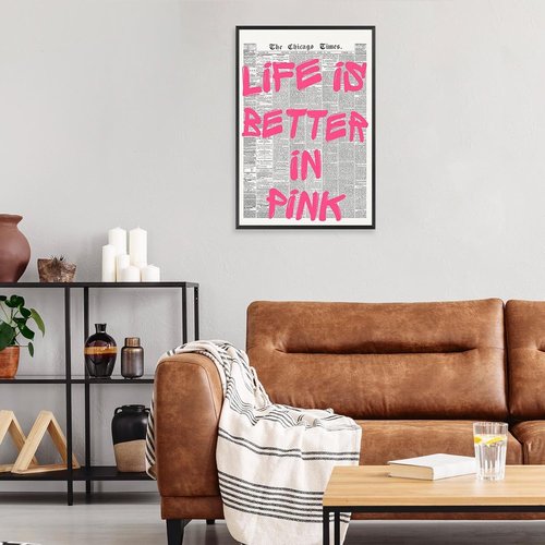 Life Is Better In Pink Canvas Poster - Retro Newspaper Design | Positive Affirming Quote 12x16in Unframed