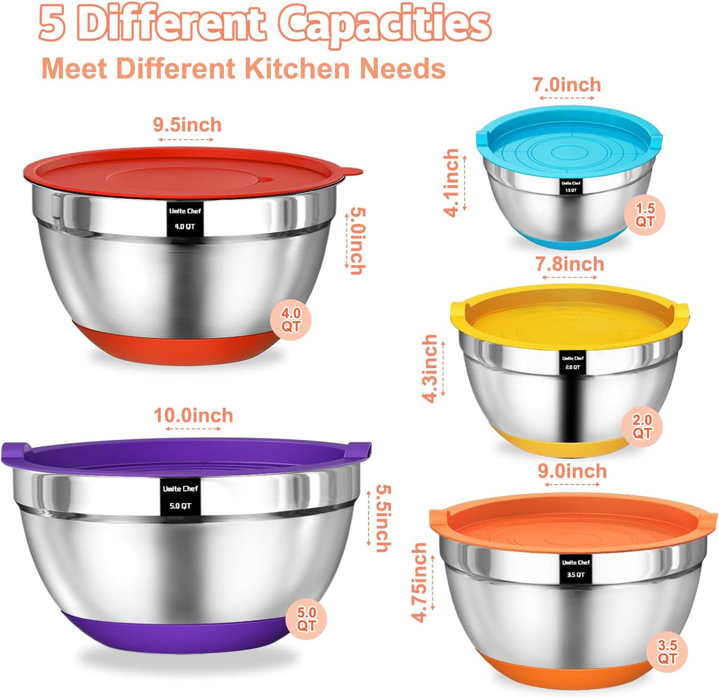 Umite Chef Mixing Bowls Set - 8PCS Stainless Steel with Airtight Lids & Non-Slip Bottoms | Includes Grater Attachments, 1.5QT to 5QT