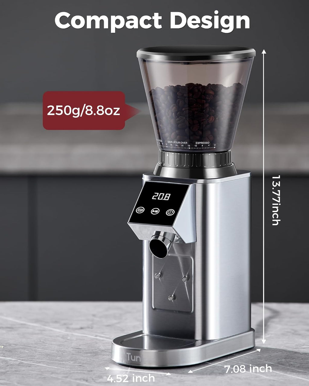 Tuni G1 Conical Burr Coffee Grinder - 48 Grind Settings, Precision Timer & LED Touchscreen | Stainless Steel Silver