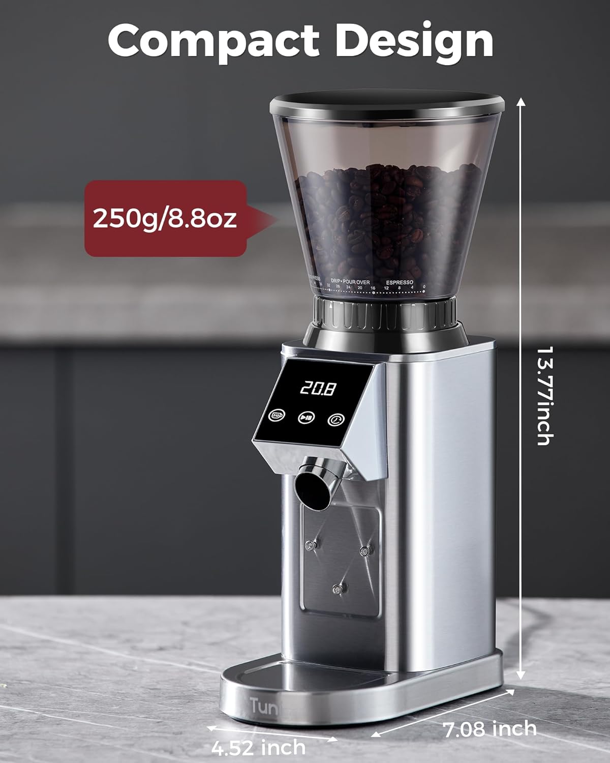 Tuni G1 Conical Burr Coffee Grinder - 48 Grind Settings, Precision Timer & LED Touchscreen | Stainless Steel Silver