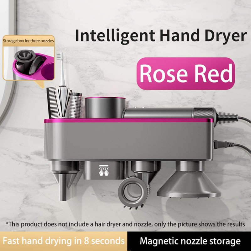 WAVANCKY Hair Dryer Holder Compatible for Dyson Supersonic and Attachments, Magnetic Nozzle Storage, Automalic Hand Drying No Drilling Required, Blow Dryer Stand for Dyson (Pink-Red)
