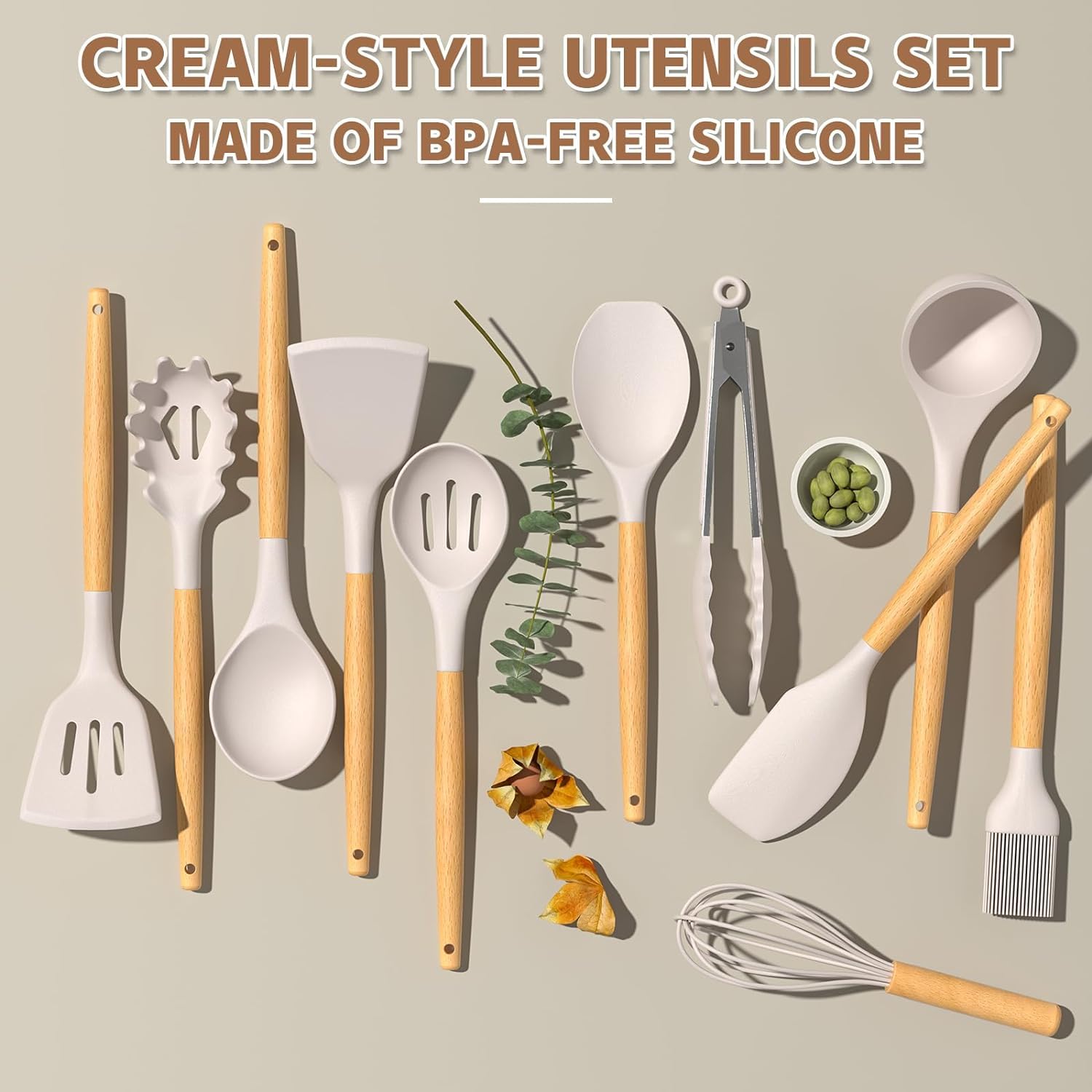 Umite Chef 33-Piece Non-Stick Silicone Cooking Utensils Set - Wooden Handle & Holder Included | Khaki