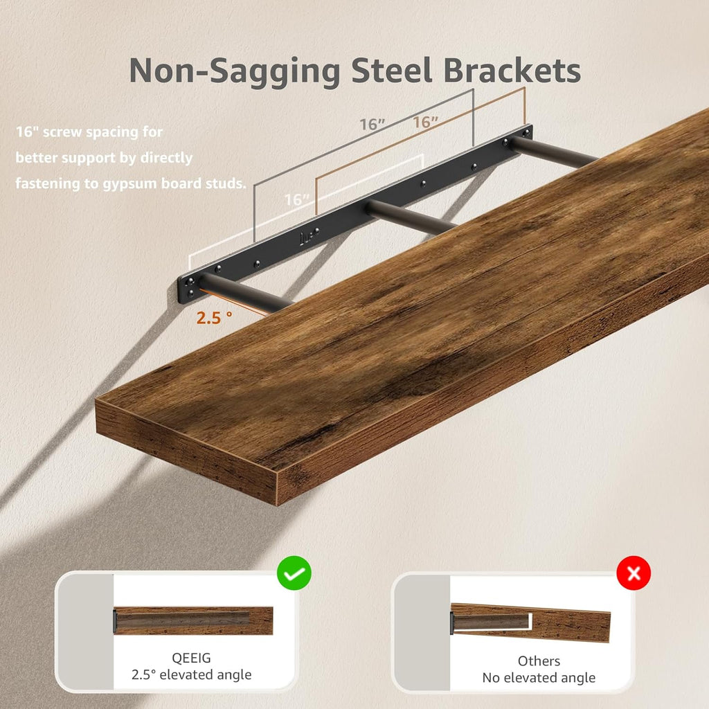 QEEIG Floating Shelves - Extra Long 47.2" Rustic Brown Wall Shelf Set of 2 for Home Decor & Display