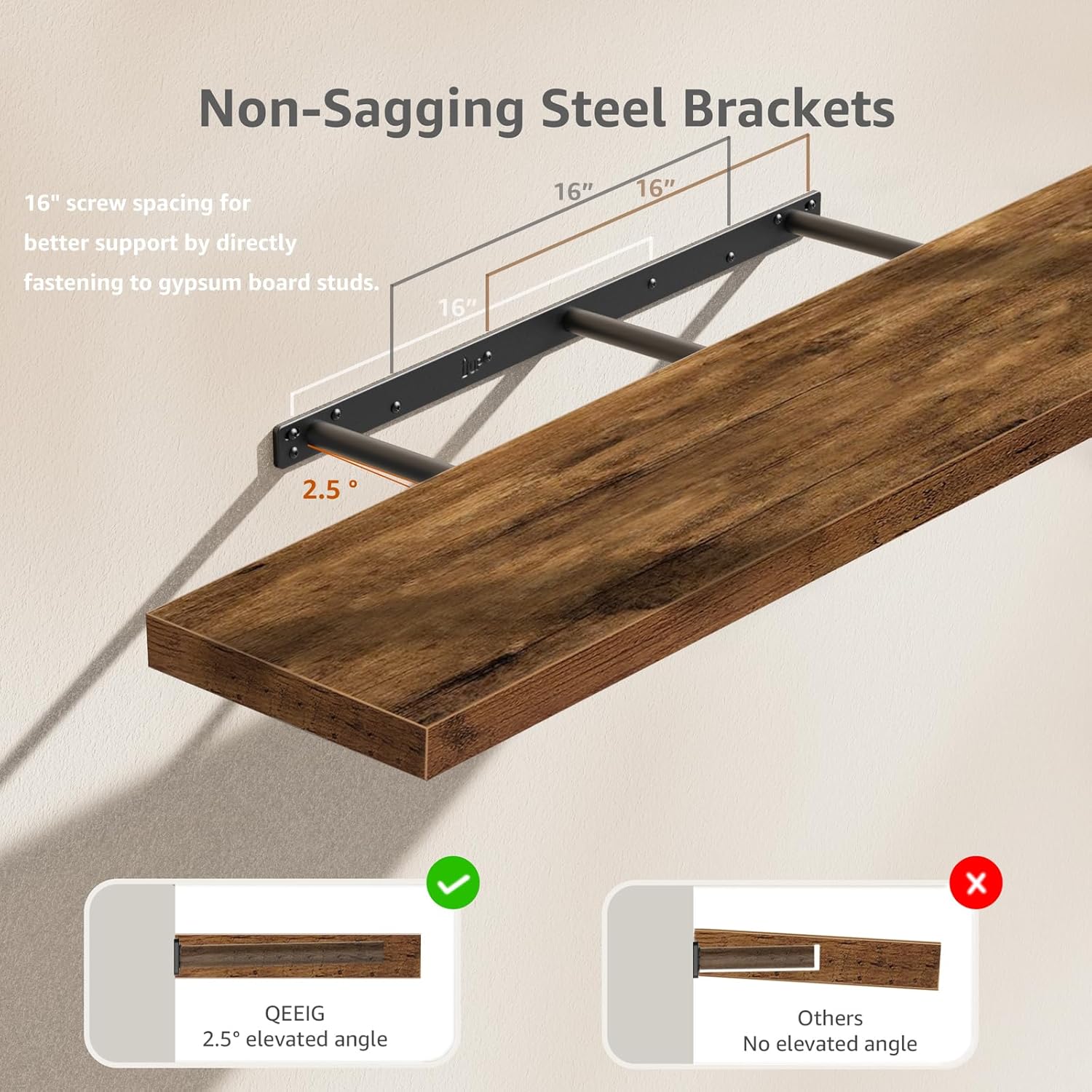 QEEIG Floating Shelves - Extra Long 47.2" Rustic Brown Wall Shelf Set of 2 for Home Decor & Display