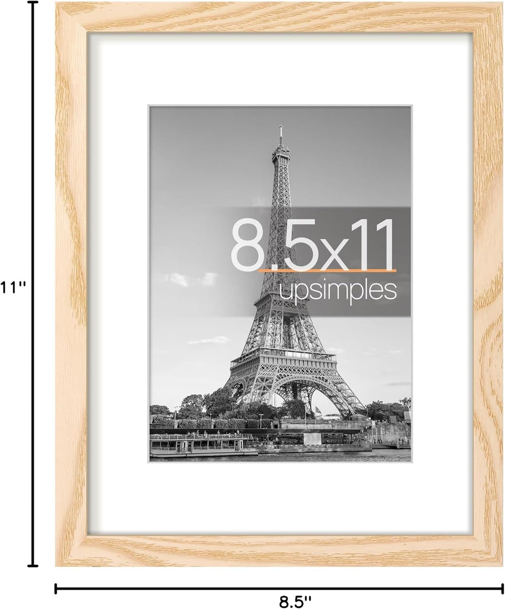 Upsimples 8.5x11 Picture Frame - Versatile Display for 6x8 Photos with Mat or 8.5x11 Without - Natural Finish, 1 Pack