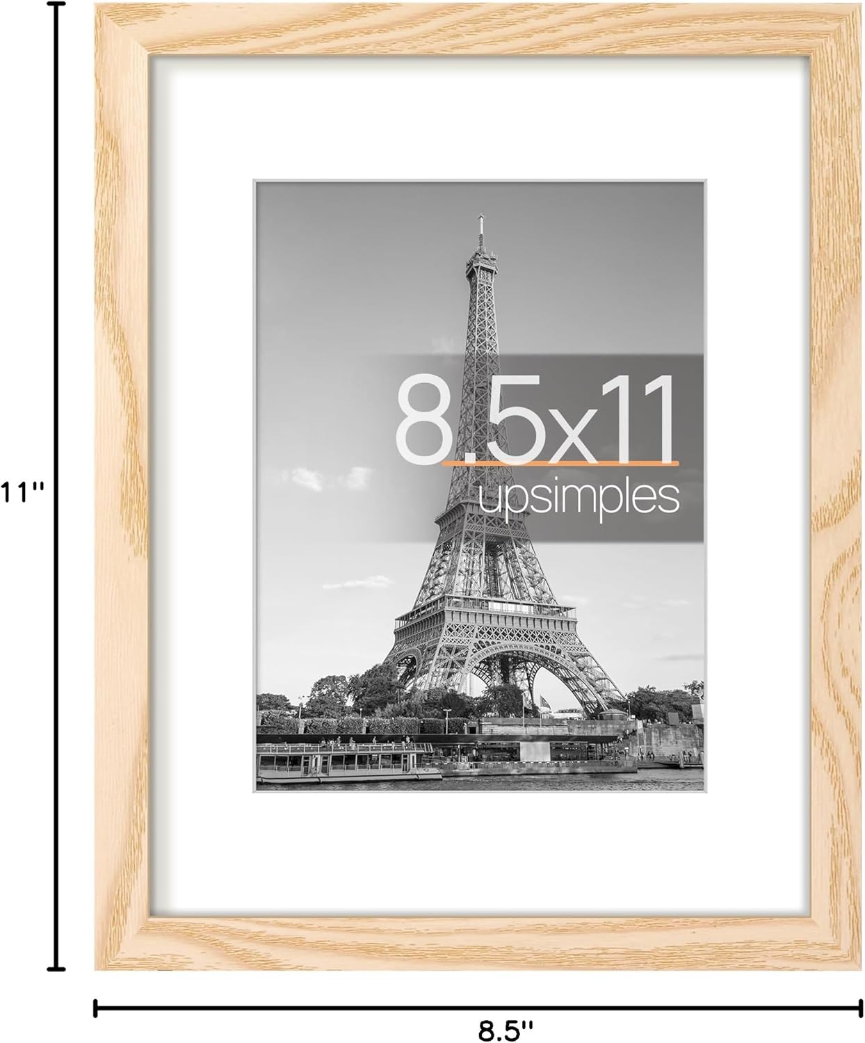 Upsimples 8.5x11 Picture Frame - Versatile Display for 6x8 Photos with Mat or 8.5x11 Without - Natural Finish, 1 Pack