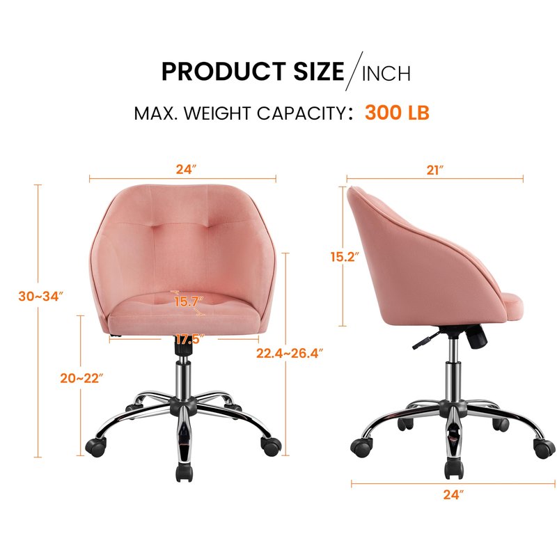 Yaheetech Pink Office Chair Small Cute Vanity Chair with Back Wheels Velvet Swivel Rolling Desk Computer Armchair for Bedroom Living Room