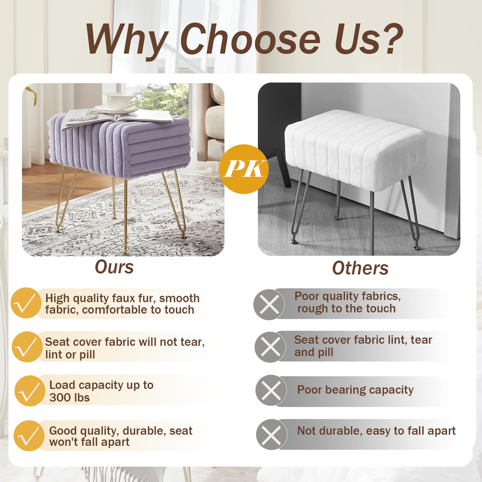 EBENCHICO Vanity Stool Chair with Storage, Faux Fur Stools for Vanity Makeup, Foot Stool Ottoman with 4 Metal Legs, Small Vanity Bench Seat Chairs for Living Room Bedroom