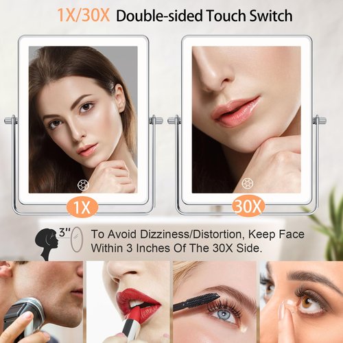FASCINATE 5000mAh Rechargeable Wall Mounted Makeup Mirror, 8.7" Double Sided Touch Switch 1X/30X Rectangle Wall Mounted Magnifying Mirror with Light, 3 Color Setting, Extended Arm 360° Swivel Foldable