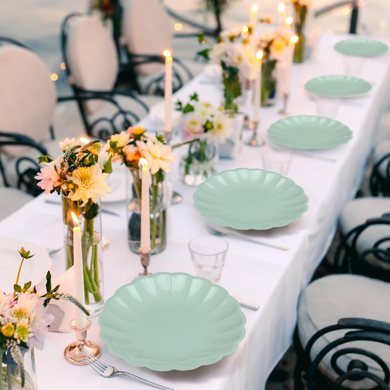 Newtay 30 Pcs Large Scalloped Paper Plates 9.5 Inch Shell Edge Disposable Dinner Plates for Birthday Wedding Baby Shower Party Decorations (Sage Green)