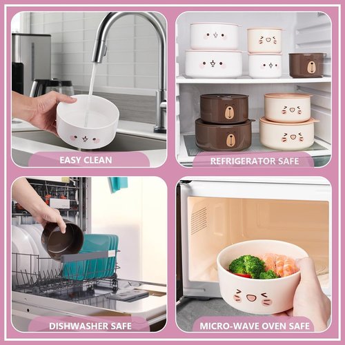 Thousandaynight Ceramic Bowls with Lids, 4, 5, 6 Inch Food Storage Container Bowl, Microwave & Dishwasher Safe, For Soup, Salad, Rice, Cereal, Breakfast, Dinner, Serving, Oatmeal (Bear)