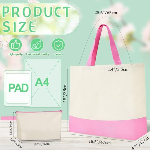 Sanwuta 24 Pcs Canvas Tote Bags Bulk 18.5" Cotton Cosmetic Bags with Zipper Reusable Shopping Tote with Handles(Pink and Beige)
