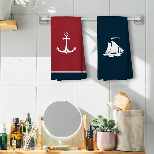Liosei Nautical Hand Kitchen Towels, Boat Accessories,Nautical Bathroom Decor, Navy Blue Coastal Sailboat Dishtowels, Anchor Dish Towels Decoration 16 x 24 Inch Set of 4