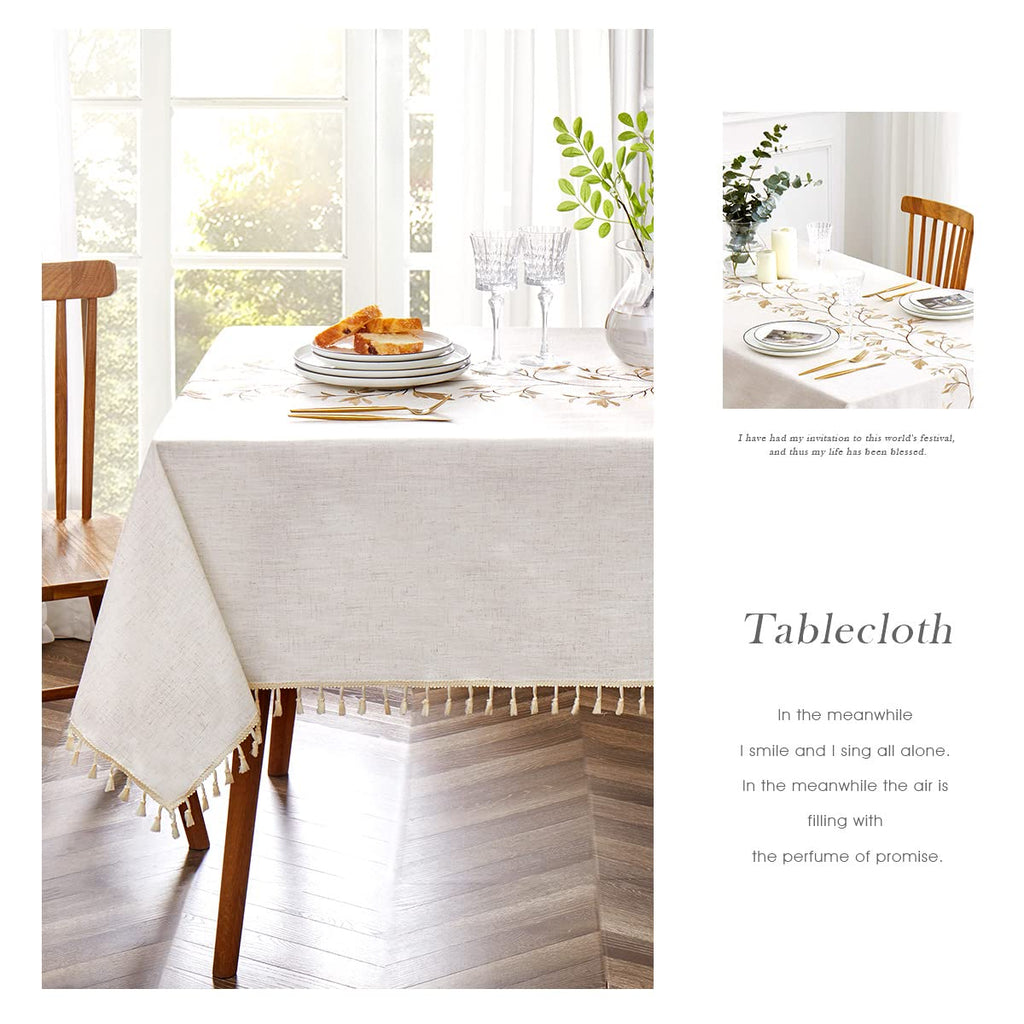 QIANQUHUI Embroidered Tablecloth Rustic Farmhouse Kitchen Table Cloth, Dust Proof Spillproof Soil Resistant Cotton Linen Rectangle Table Cloth (N-Beige, 55x70 inch)