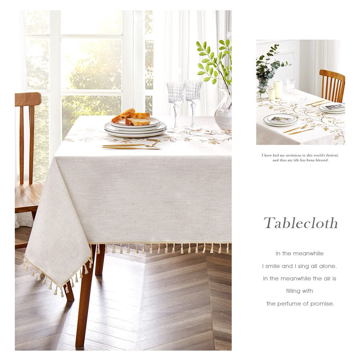 QIANQUHUI Embroidered Tablecloth Rustic Farmhouse Kitchen Table Cloth, Dust Proof Spillproof Soil Resistant Cotton Linen Rectangle Table Cloth (N-Beige, 55x70 inch)