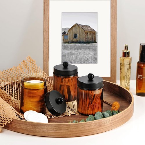 Amber Glass Qtip Holder - Apothecary Jar Qtip Dispenser with Metal Lid | 3-Pack Bathroom Organizer Set