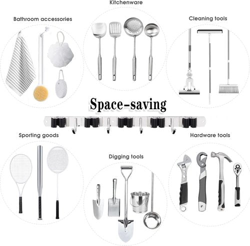 AceMining Mop and Broom Holder - 5 Racks & 4 Heavy-Duty Hooks | Wall-Mounted Organizer for Home & Garage