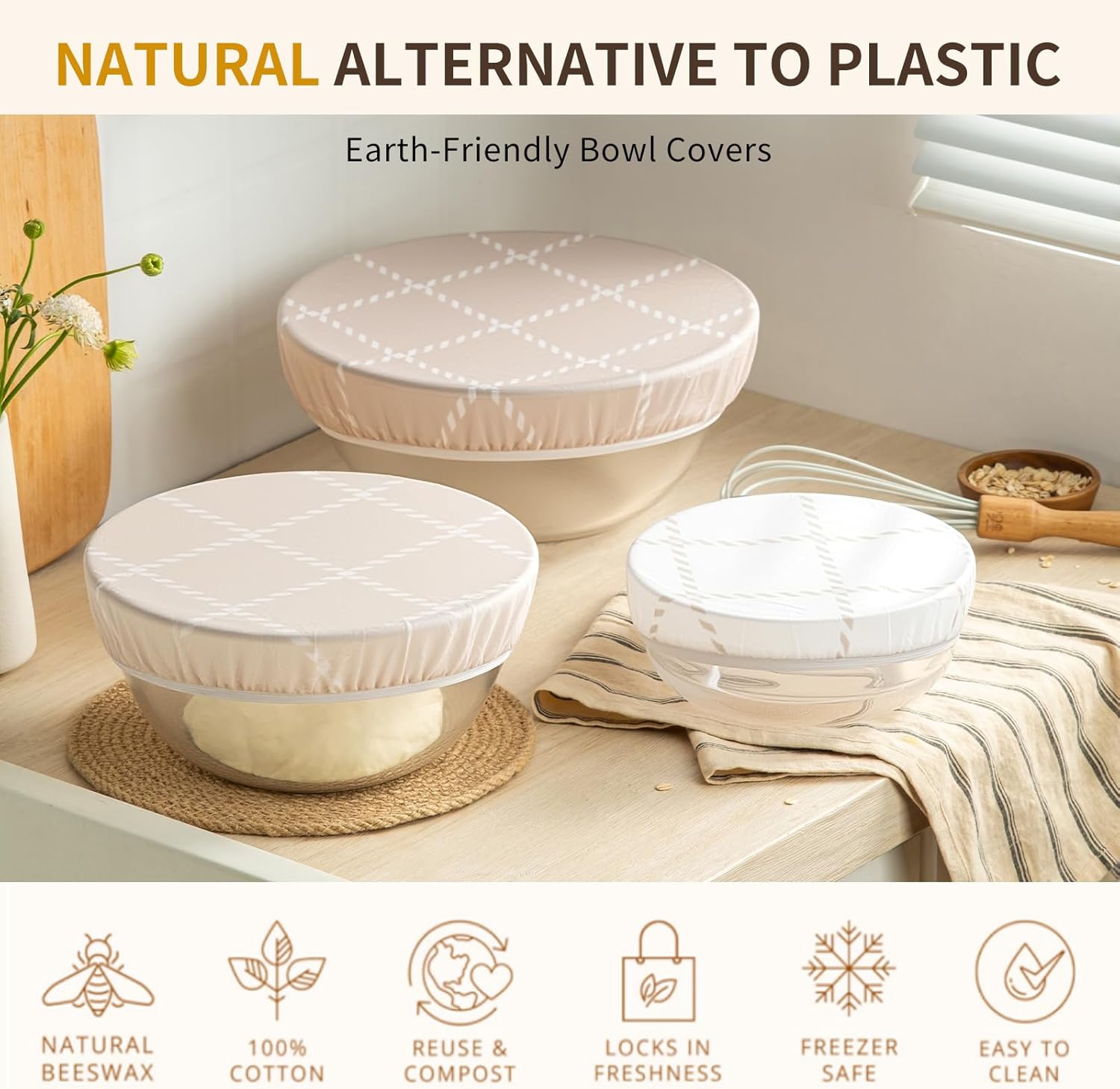 Skiennix Reusable Bowl Covers - 3pc Beeswax Set, 100% Organic Cotton, Elastic Fit for 8/10/12 Inch Bowls