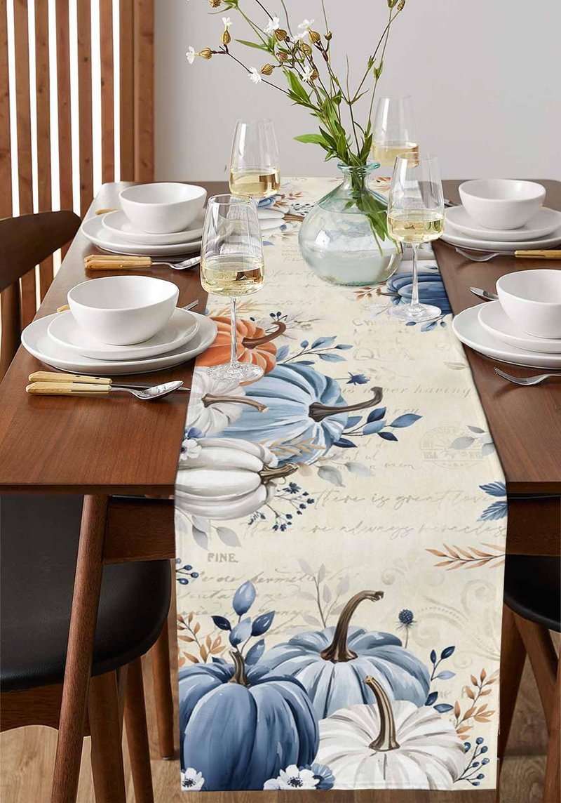 RisQiten Thanksgiving Fall Table Runner - 90 Inch Long Maple Leaf Blue Gray Pumpkin Cotton and Linen Blended Dress Scarves Farmhouse Table Runner for Kitchen Dining, Coffee Table, 13" x 90"