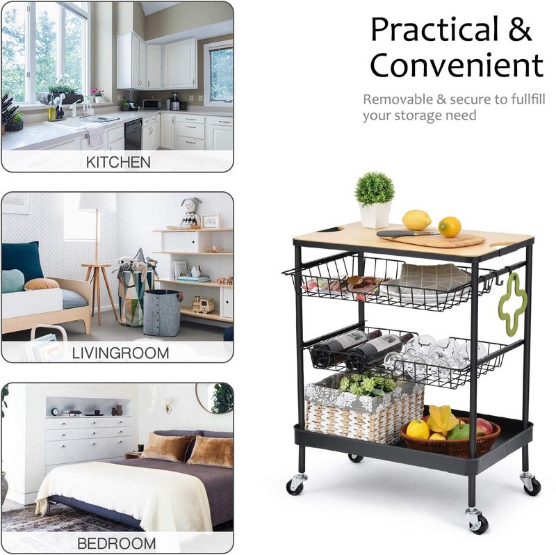 TOOLF Kitchen Island Serving Cart with Utility Wood Tabletop, 4-Tier Rolling Storage Cart with 2 Basket Drawers, Kitchen Cart with Wheels for Home, Dining Room, Bar, Restaurant, Hotel