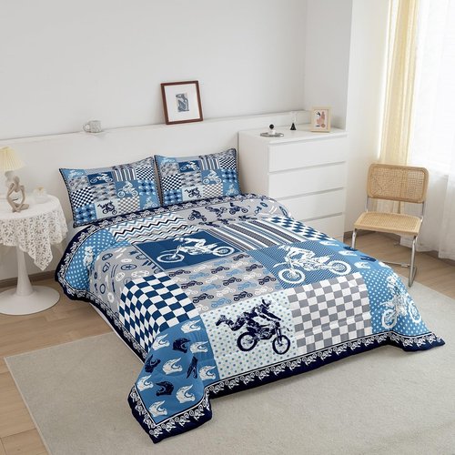 Castle Fairy Dirt Bike Comforter Set,Motocross Racer Bedding Set for Kids Girls Women,Adults Blue and Gray Grid Comforter,Stripes Square Quilted Duvet Set Bedroom Collection Twin Size 2Pcs