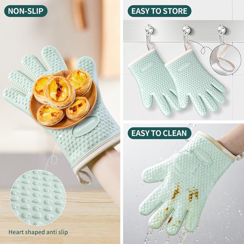 MAD SHARK Silicone Oven Mitts - Heat Resistant 450°F | Waterproof, Non-Slip, Cotton Lined - Green