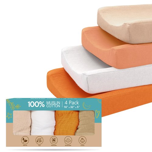 100% Muslin Changing Pad Cover Ultra Soft 120GSM Baby Changing Pad Covers for Girls and Boys - Easy wash Diaper Changing pad Cover with Low Shrinkage (4 Pack - White/Beige/Caremal/Retroyellow)