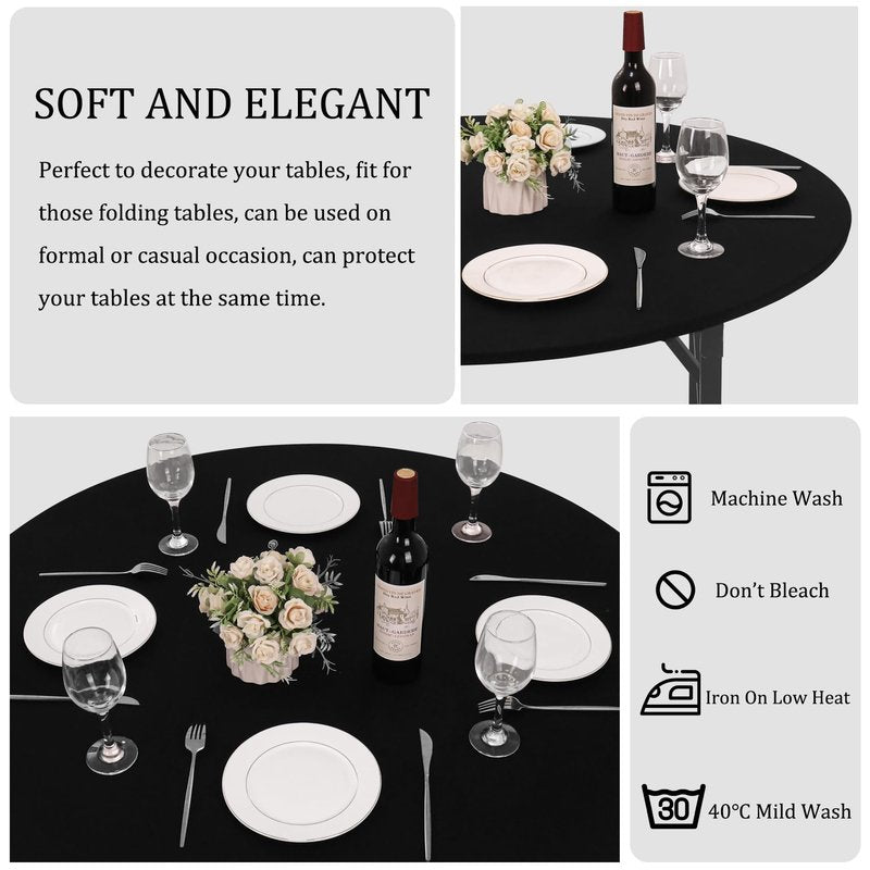 JALANCY 4 Pieces Round Spandex Tablecloth Table Top Cap Cover Stretch Fitted Tablecloth for 6 Foot Round Tables Washable Elastic Table Protector for Indoors Outdoors (Black,6 Foot)