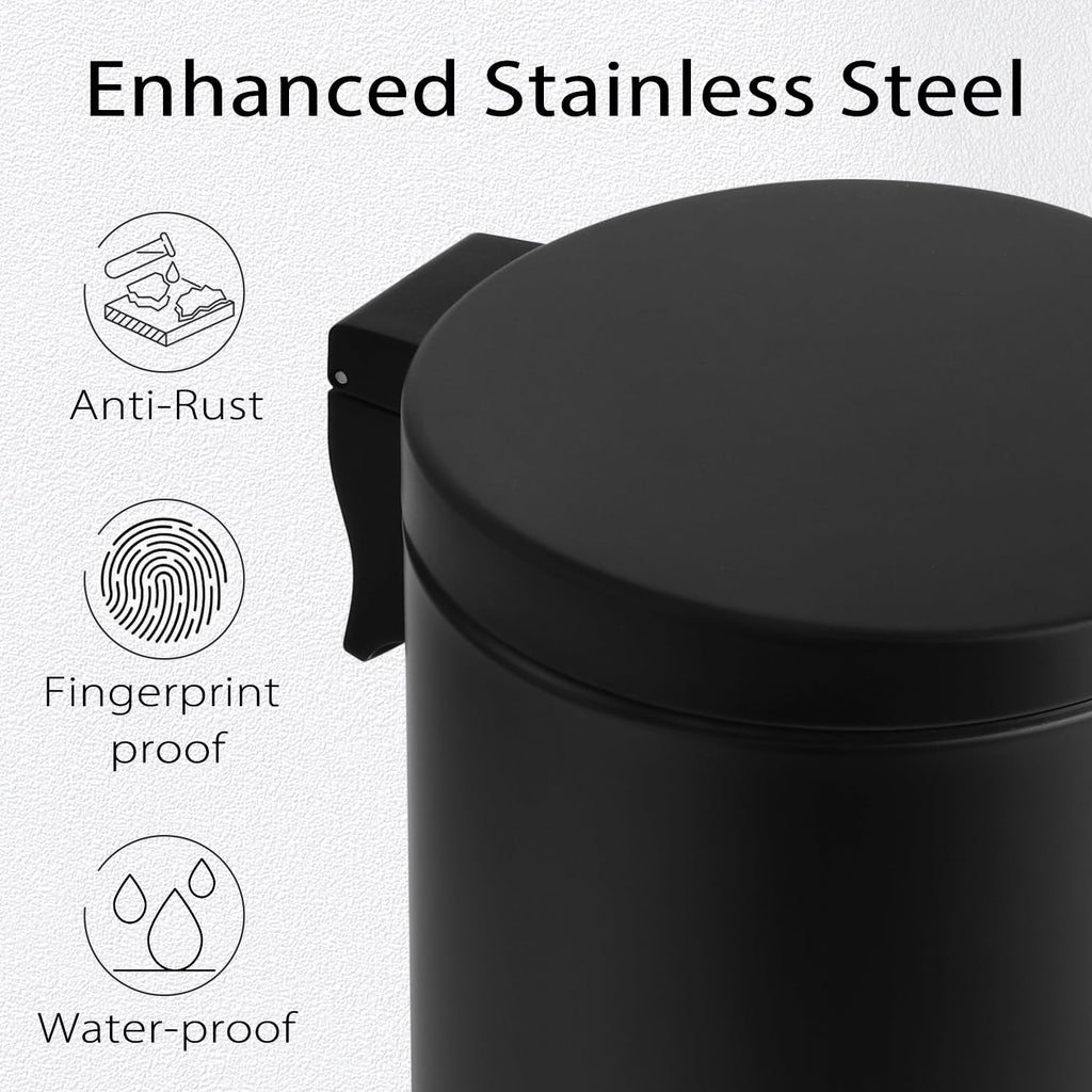 TIPGO Small Black Trash Can - 1.2 Gallon Stainless Steel Wastebasket with Lid for Bathroom & Office | Matte Black