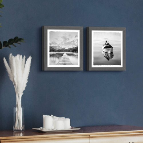 Lake Scenery Framed Wall Art: Sunset Sunrise Artwork Picture Modern Foggy Mountain Natural Wilderness Boat Tree Landscape Print Painting for Bedroom Office Living Room Bathroom
