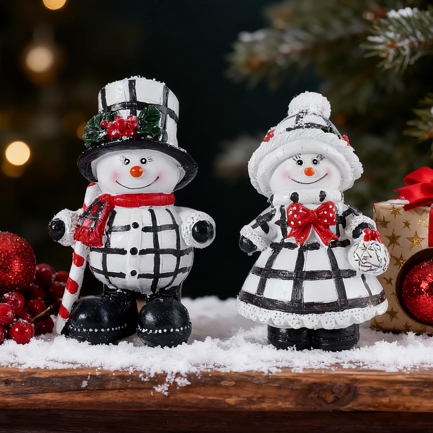 Snowman Figurines Set of 2 | Black and White Plaid Christmas Decorations for Home Decor