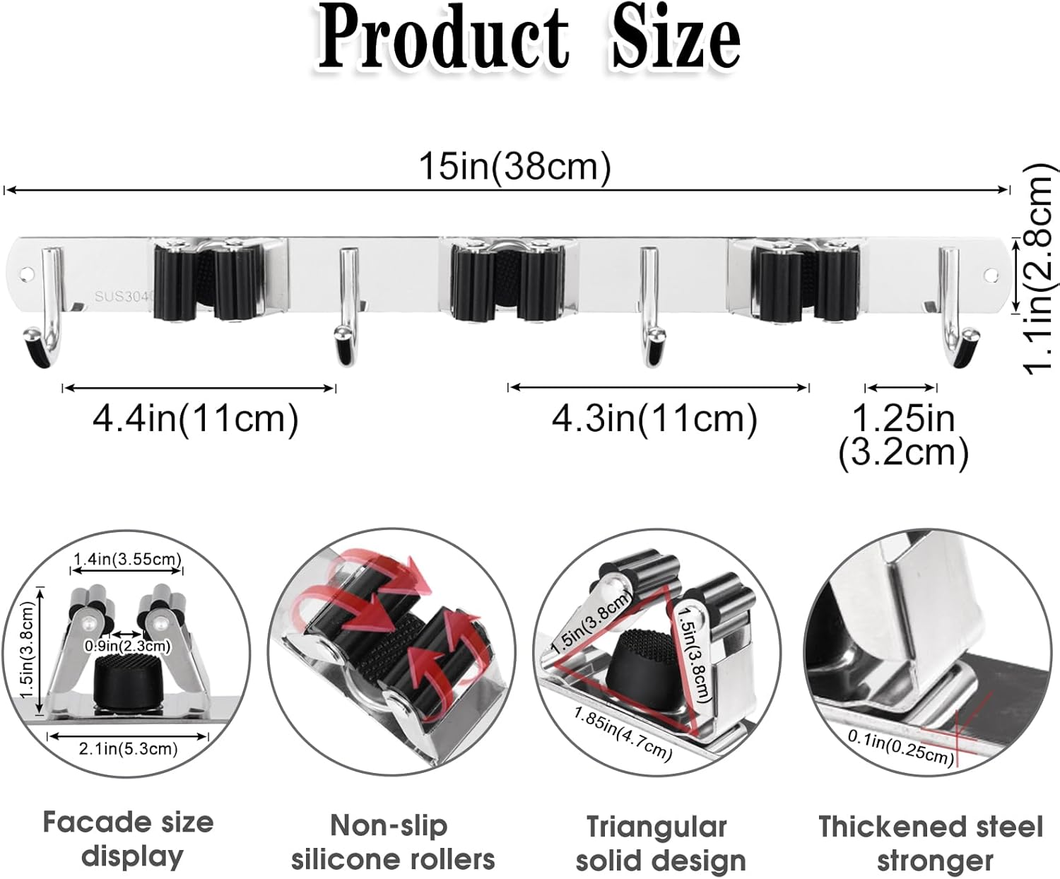 Skiennix Wall Mounted Broom and Mop Holder - Heavy Duty Stainless Steel Organizer | 2 Pack with 3 Racks & 4 Hooks