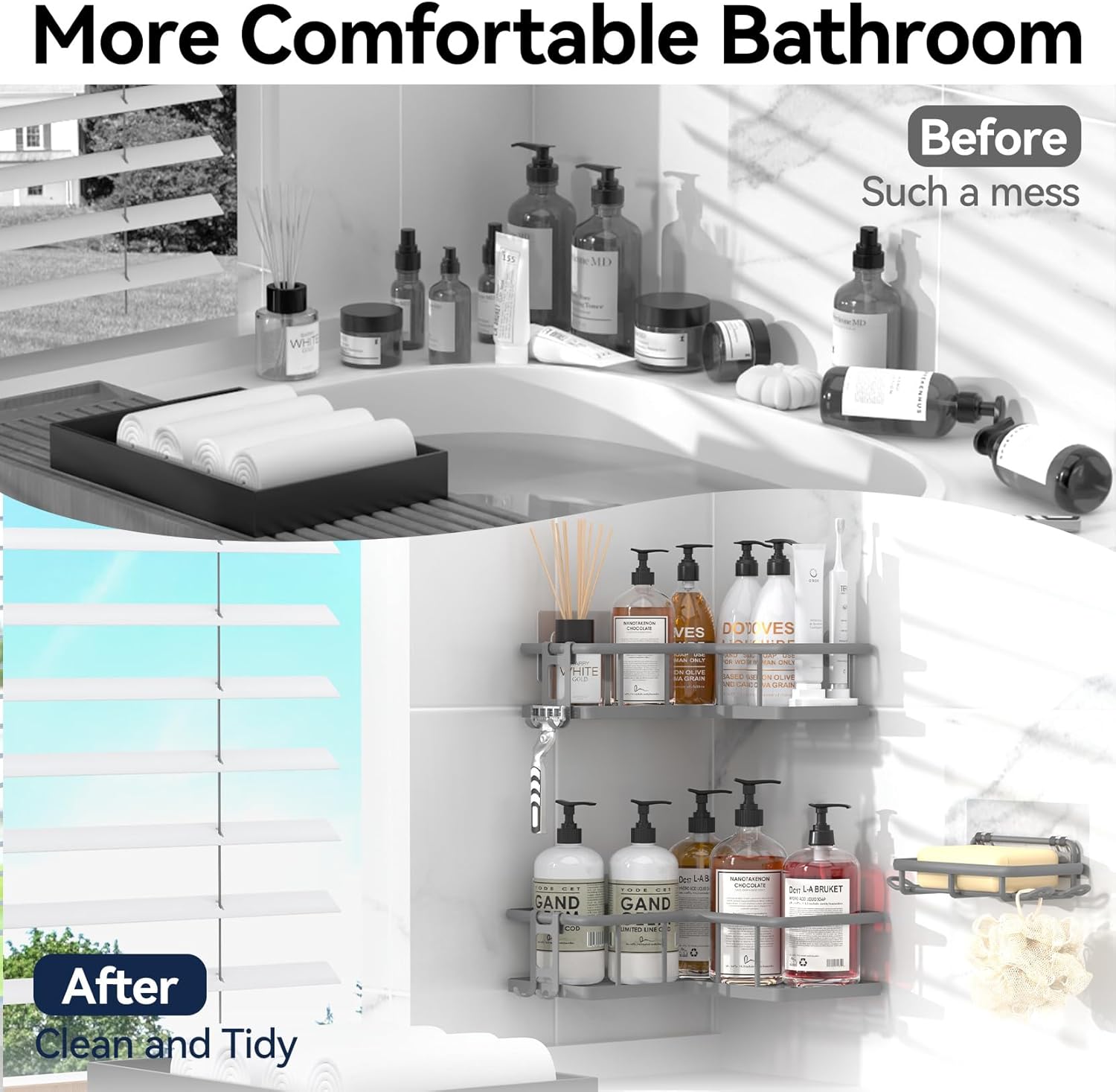 YASONIC Shower Caddy - 3-Pack Rustproof Stainless Steel Corner Shelves with Soap Holder | Grey
