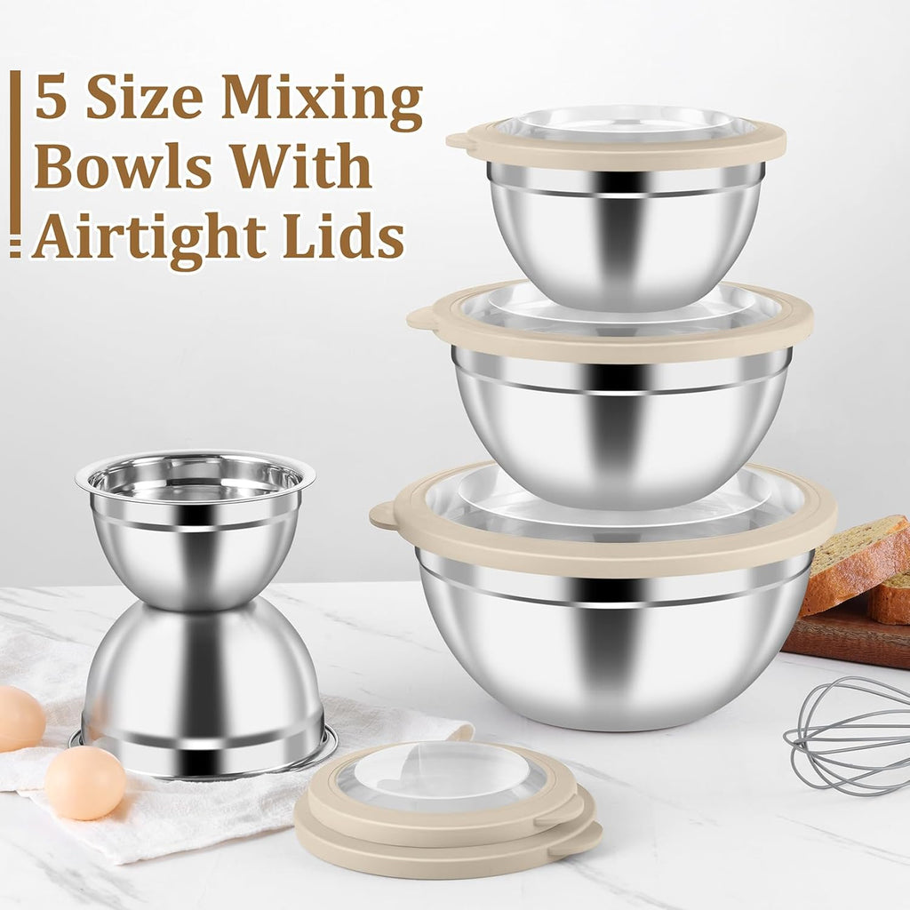 P&P CHEF Stainless Steel Mixing Bowls Set - 10-Piece with Airtight Lids for Kitchen Prep | Sizes 4.6QT to 0.7QT, Khaki