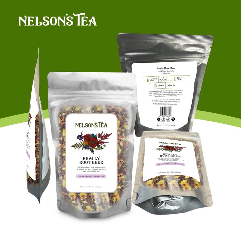 Nelson's Tea Really Root Beer - Cut & Sifted Sarsaparilla Root Tea Loose Leaf - Caffeine Free, Classic Herbal Blend with Burdock, Birch Bark, Dandelion, Licorice, Ginger and More (4 oz)