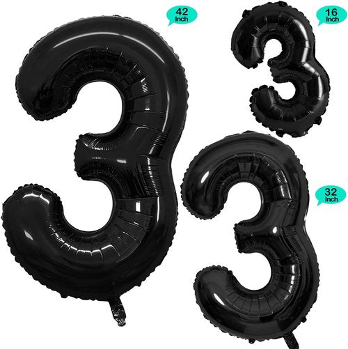 GOER Black Foil Number 3 Balloons - Giant 3rd Birthday Party Decorations (3 Pcs, 42 Inch, 32 Inch, 16 Inch)