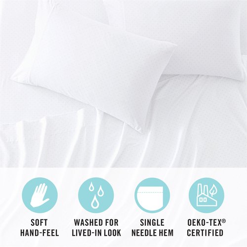 Martha Stewart Ultra Soft Brushed and Washed Microfiber 4 Piece Sheet Set, Easy Care, Comfy Sheets with Deep Pocket, 1 Flat Sheet, 1 Fitted Sheet, 2 Std. Pillowcase, Full Size, White & Blush Pink