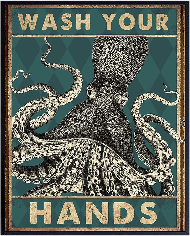 Octopus Nautical Bathroom Wall Art - Funny Beach Decor | Unique Wash Your Hands Sign - Cute Restroom Artwork