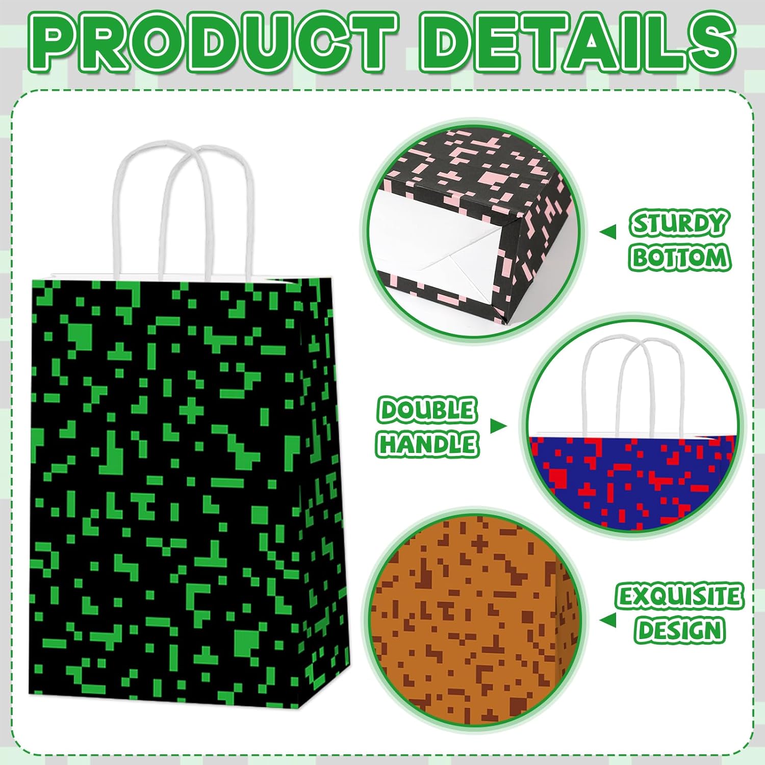 Skiennix Pixel Party Favor Bags - 12 PCS Video Game Themed Treat Bags with Handles for Kids' Birthdays