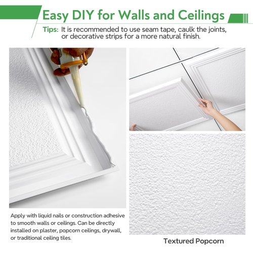STICKGOO Drop Ceiling Tiles 24x24 PVC Glue Up Ceiling Panel to Prevent Breakage Pack of 12 Tiles Cover 48 Sq. Ft, Textured Popcorn White