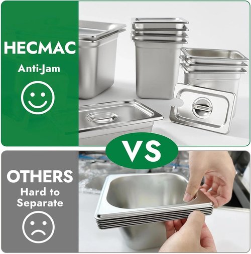 HECMAC 6 Pack Anti-Jam Hotel Pans, 1/6 Size 4 Inch Deep, Commercial Stainless Steel Chafing Steam Table Pan, Catering Storage Metal Food Pan, 23 Gauge