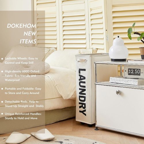 DOKEHOM Slim Rolling Laundry Basket - 25-Inch Collapsible Hamper for Narrow Spaces | Beige