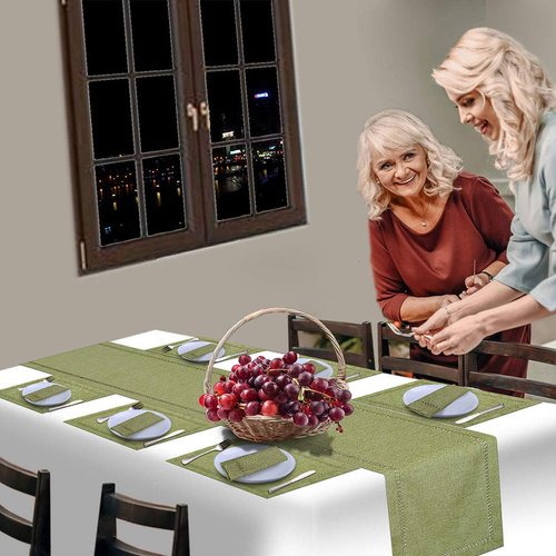 Grelucgo Small Handcrafted Solid Color Dining Table Runner, Dresser Scarf, Double-Hemstitched (Sage Green, 14 x 36)