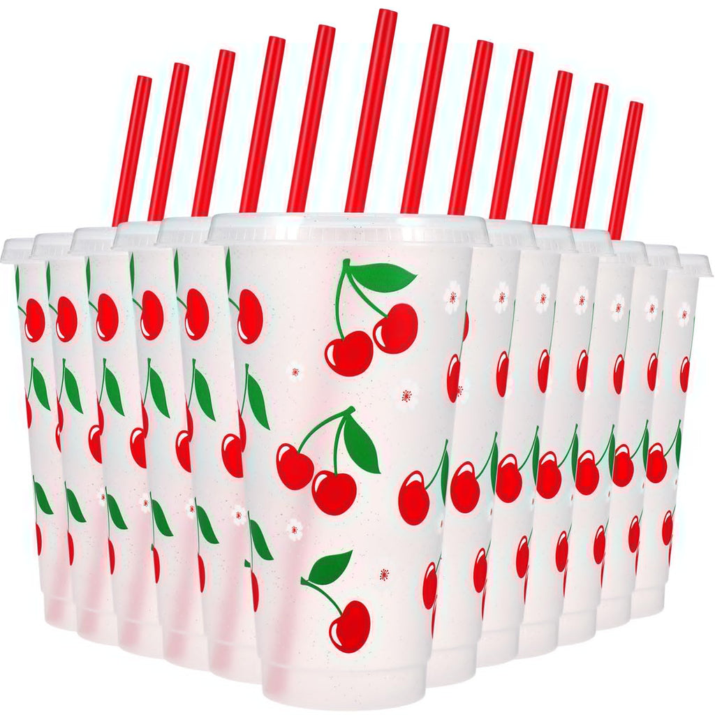 Potchen 12 Pcs Cherry Plastic Cups 24 oz Reusable Red Cherry Tumbler with Lids and Straws Reusable Drinking Juice Cups for Sweet One First Birthday Summer Fruit Birthday Daily Party Supplies