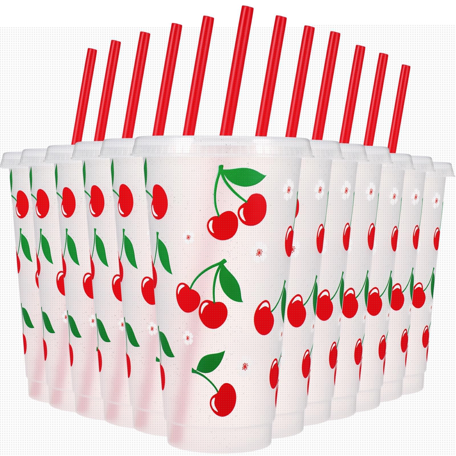 Potchen 12 Pcs Cherry Plastic Cups 24 oz Reusable Red Cherry Tumbler with Lids and Straws Reusable Drinking Juice Cups for Sweet One First Birthday Summer Fruit Birthday Daily Party Supplies