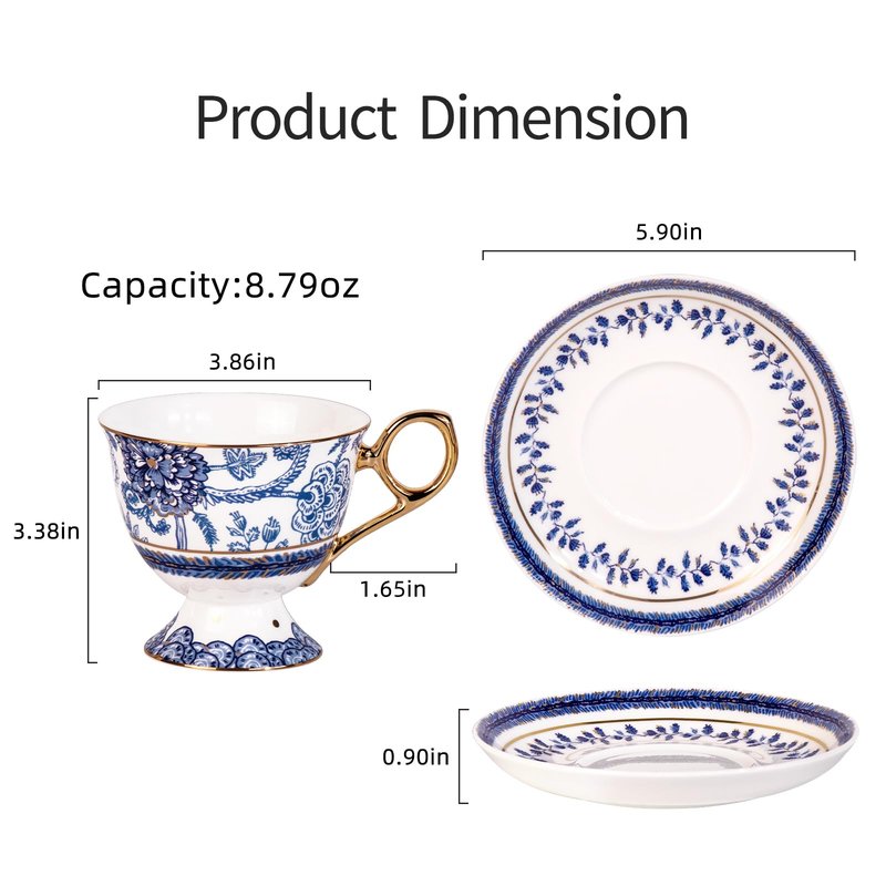 KAMMAK Tea Cups and Saucers Set of 2, Fine Bone China Coffee Cups, 8.5-Ounce Stackable Espresso Mugs, Ceramic Demitasse for Coffee, Cappuccino, Latte, Americano, Tea, Tall Navy