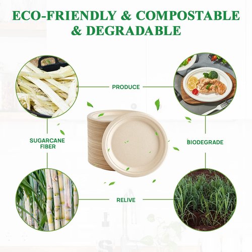 Vplus 150 Pack Paper Plates 9 inch 100% Compostable, Heavy-Duty Disposable Paper Plates Bagasse Natural Biodegradable Eco-Friendly Sugarcane